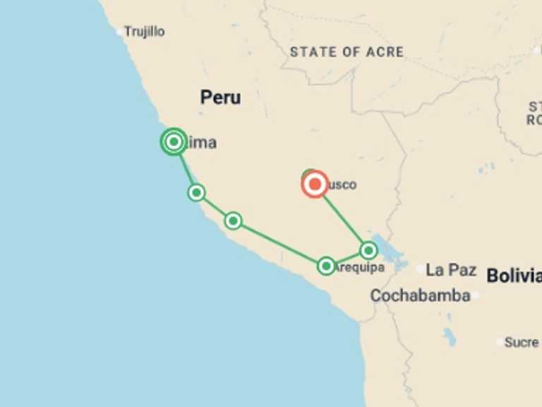 Map of South America Tour with 7 destination visits for the trip: The Majestic South Of Peru – 15 Days: Lima, Nazca, Arequipa, Colca Valley, Puno, Cusco, Sacred Valley, Machu Picchu, French-speaking Guide