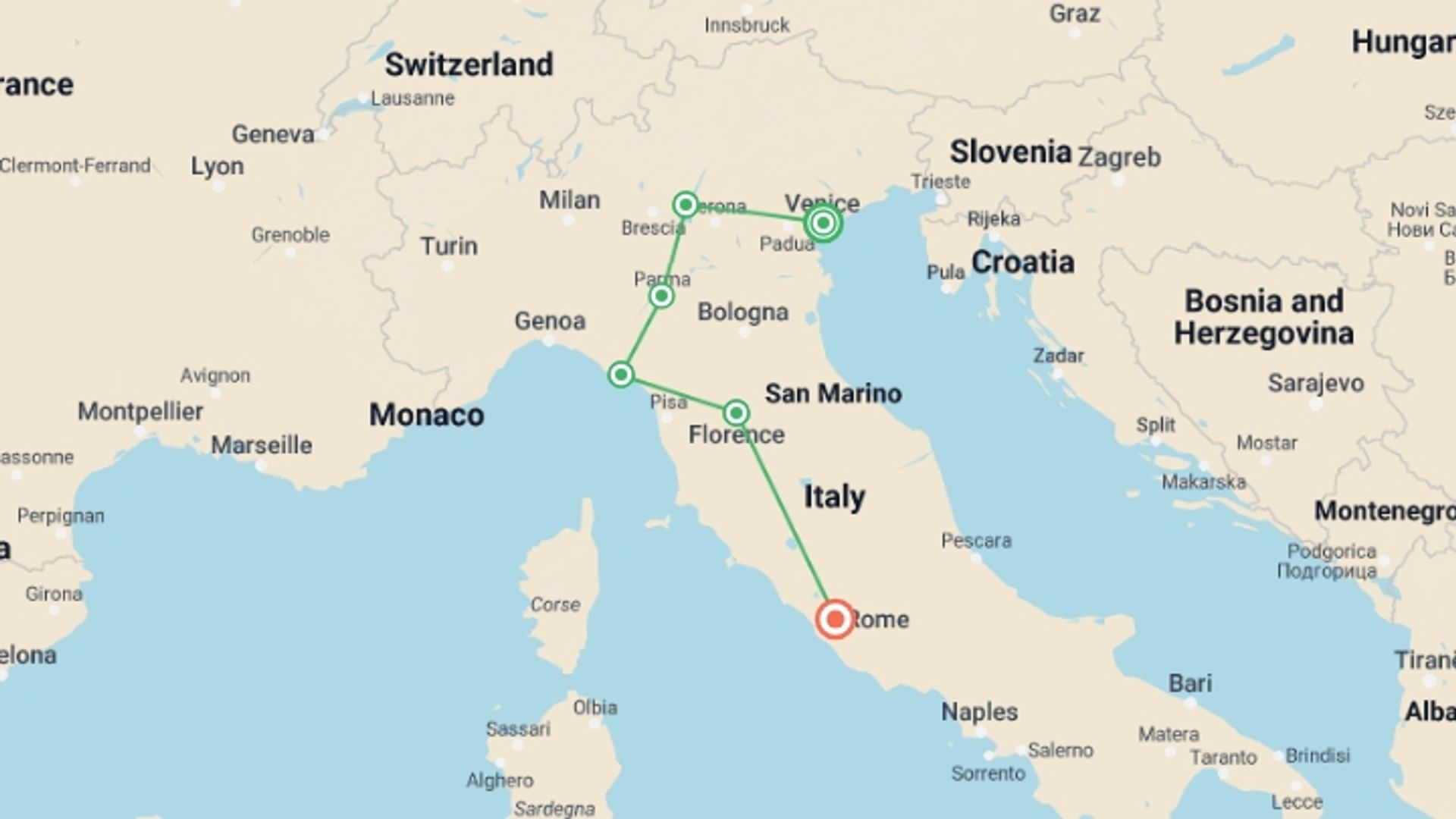 A map showing the tour itinerary for the trip: Essential Italy, starting in Venice, Italy and ending in Rome, Italy going through 4 other destinations.