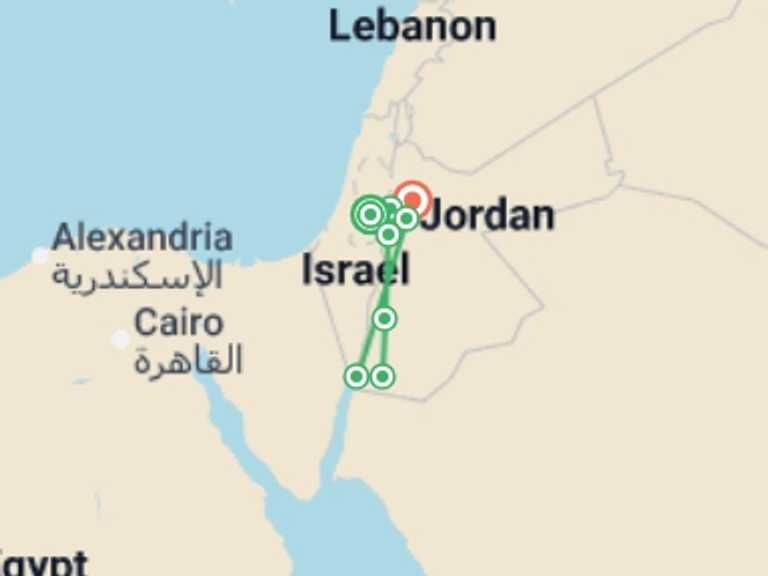 Map itinerary of Mediterranean Tour in July 2026 with 6 destination visits for the trip: Jerusalem and unforgettable Jordan