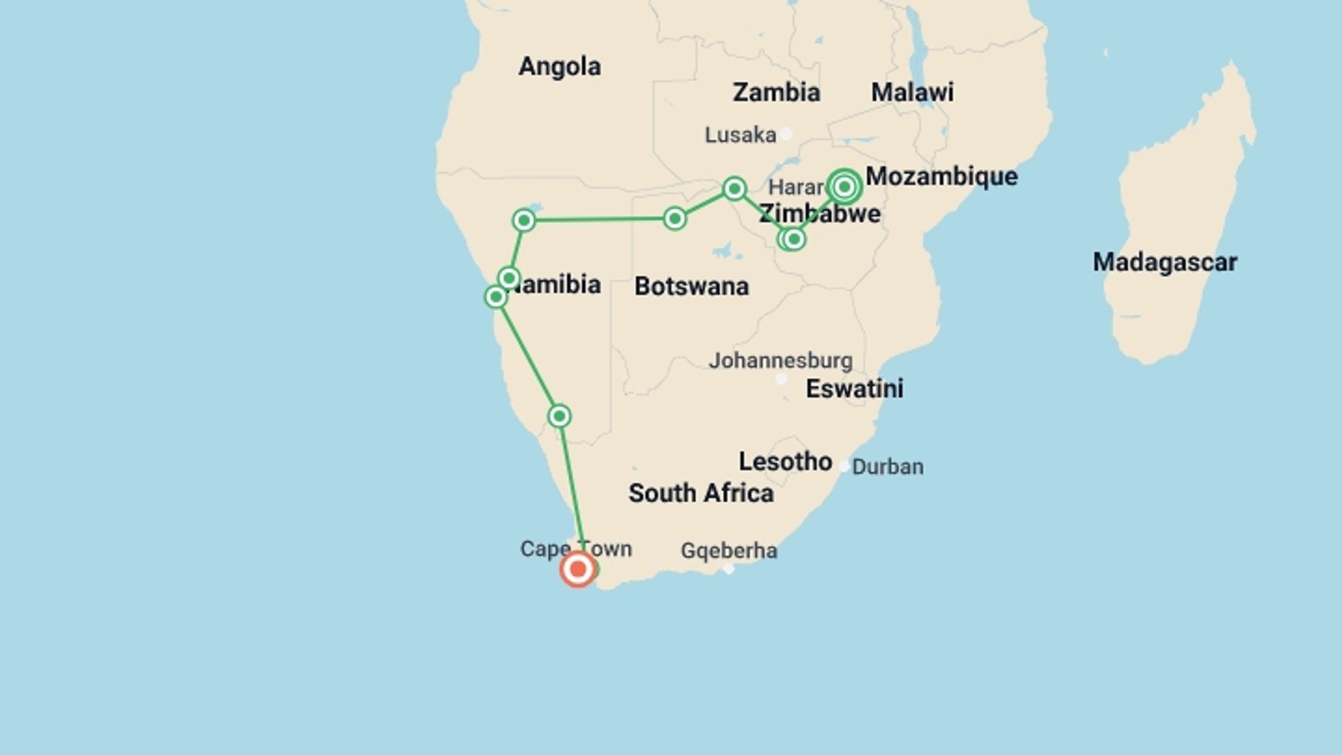 A map showing the tour itinerary for the trip: Harare To Cape Town (34 Days) Deltas & Dunes, starting in Harare, Zimbabwe and ending in Cape Town, South Africa going through 10 other destinations.
