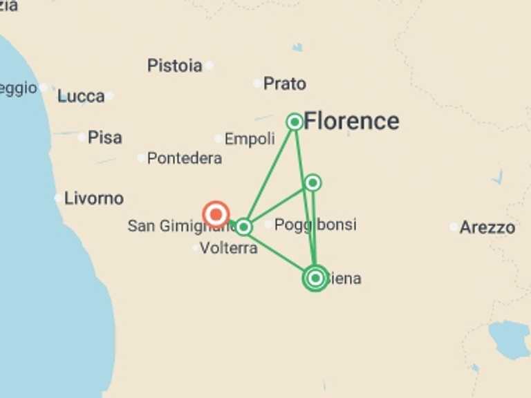 Map of Italy Tour with 5 destination visits for the trip: Tuscany Walks & Chianti Wines