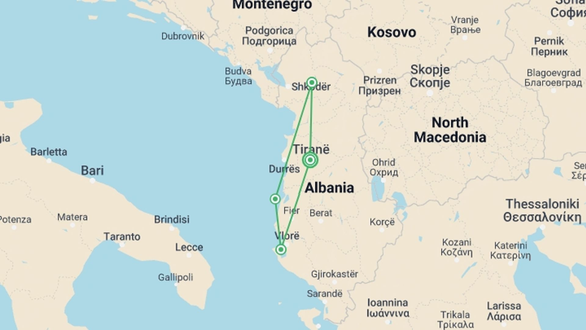 A map showing the tour itinerary for the trip: Albania Adventure, starting in Tirana, Albania and ending in Tirana, Albania going through 3 other destinations.