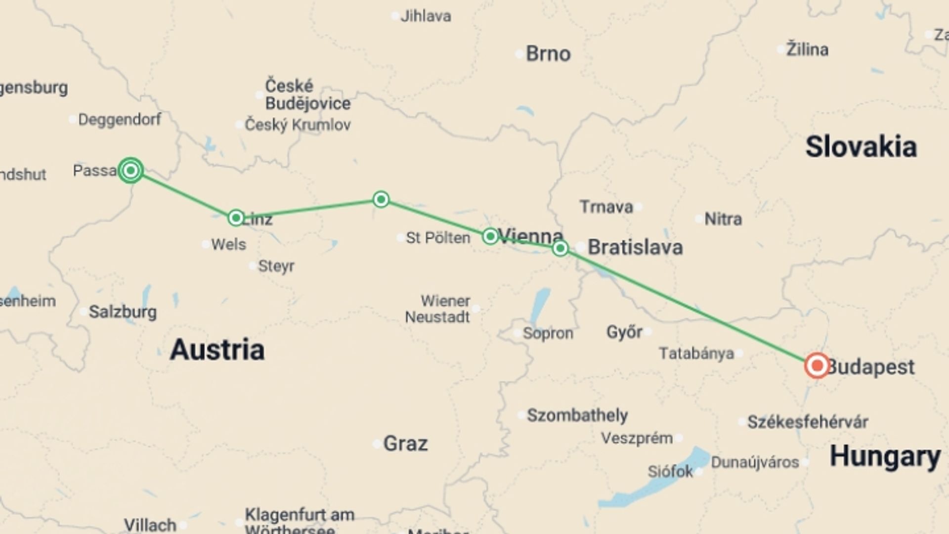 A map showing the tour itinerary for the trip: Enchanting Danube (2027), starting in Passau, Germany and ending in Budapest, Hungary going through 4 other destinations.