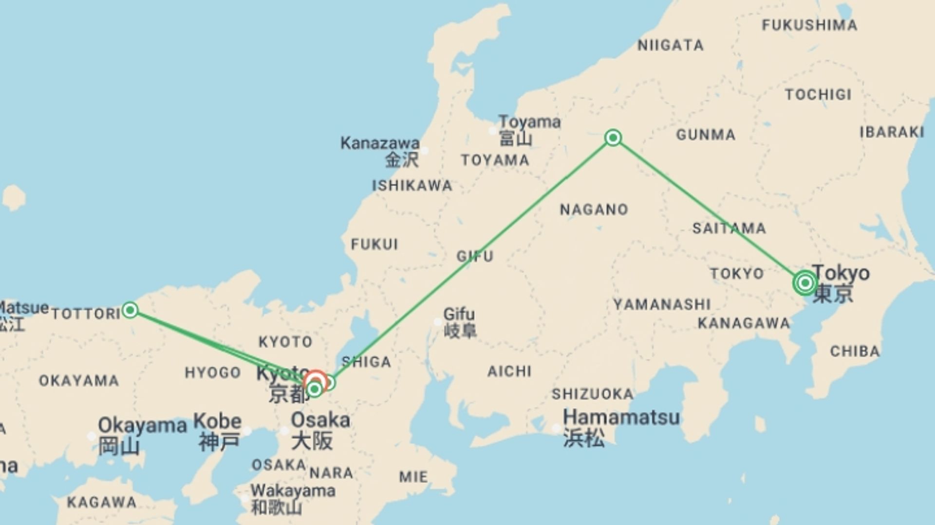 A map showing the tour itinerary for the trip: Back Roads of Japan, starting in Tokyo, Japan and ending in Kyoto, Japan going through 4 other destinations.