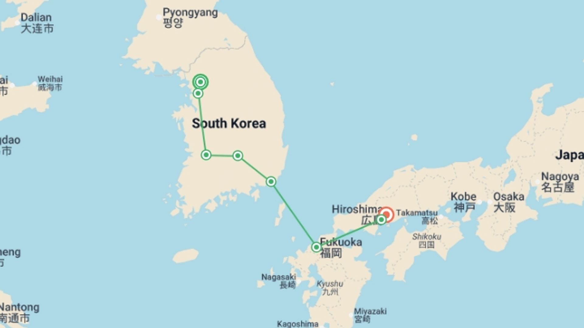 A map showing the tour itinerary for the trip: From Seoul to Hiroshima, starting in Seoul, South Korea and ending in Hiroshima, Japan going through 3 other destinations.