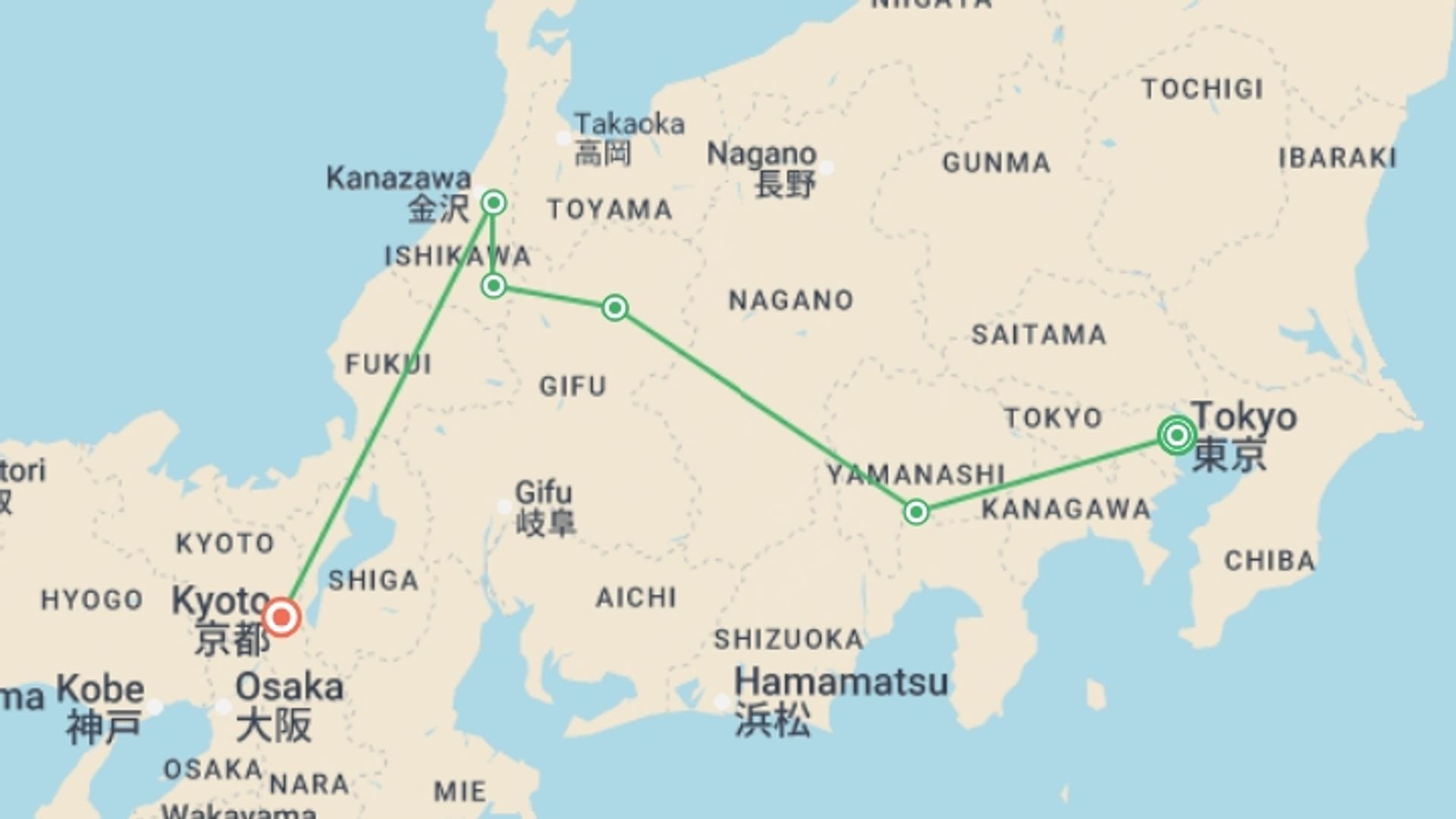 A map showing the tour itinerary for the trip: Classic Japan Starting Tokyo, starting in Tokyo, Japan and ending in Kyoto, Japan going through 2 other destinations.