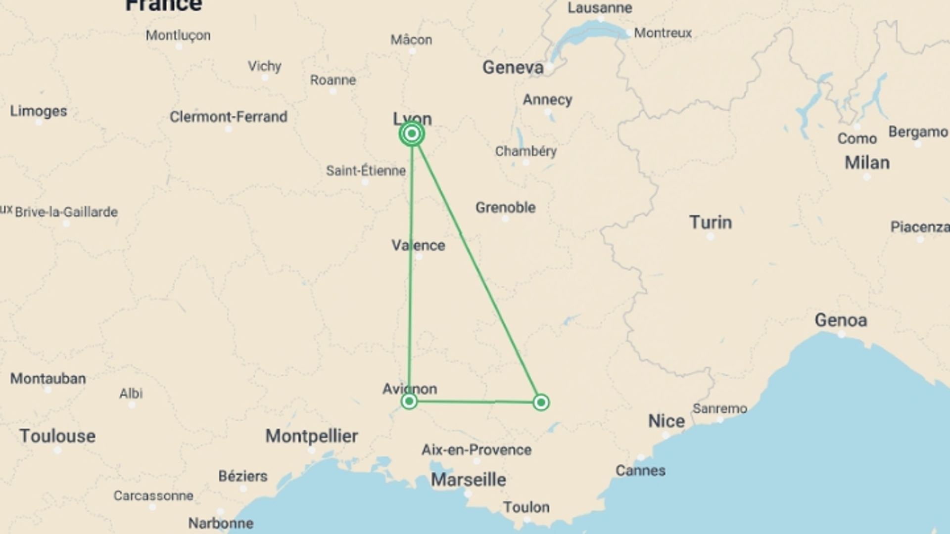 A map showing the tour itinerary for the trip: Provençal New Year's Eve in the Rhône Valley (port-to-port cruise), starting in Lyon, France and ending in Lyon, France going through 2 other destinations.