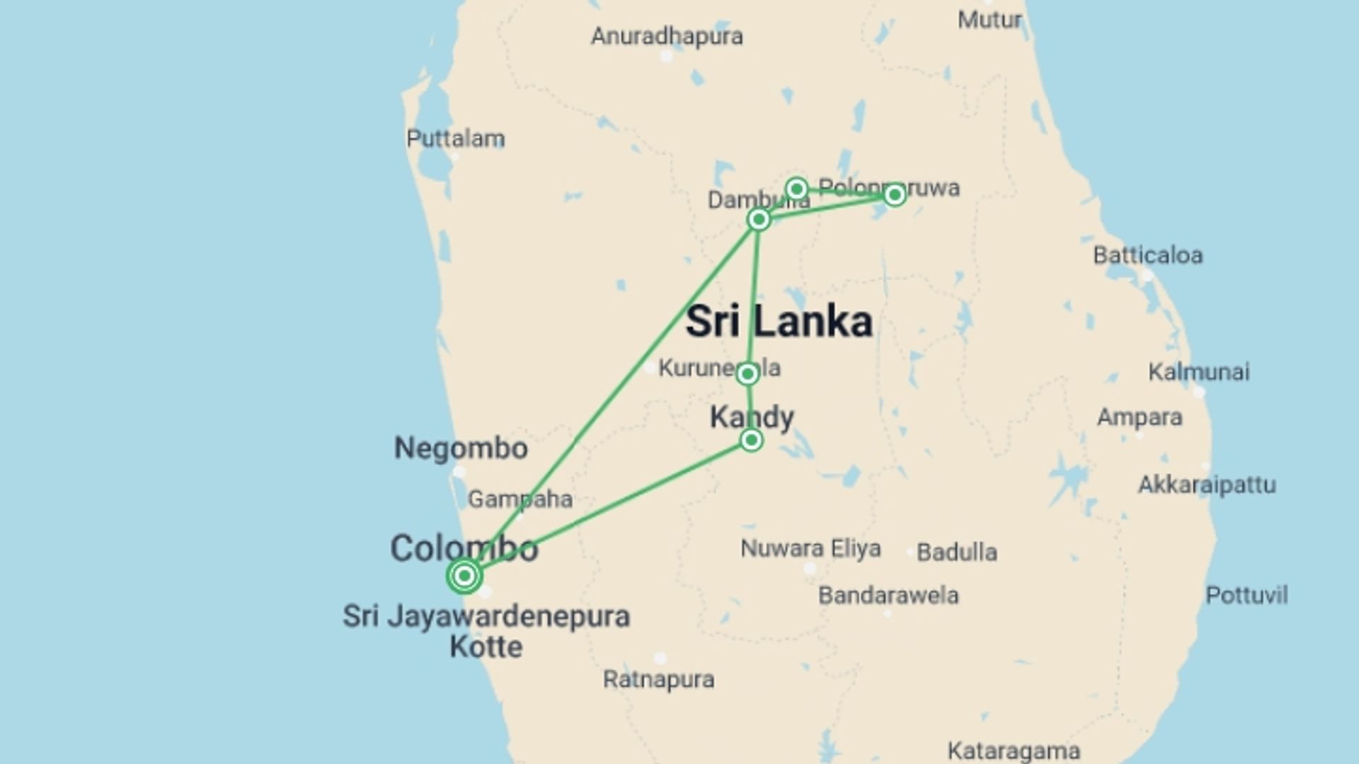 A map showing the tour itinerary for the trip: Sacred Sri Lanka, starting in Colombo, Sri Lanka and ending in Colombo, Sri Lanka going through 2 other destinations.