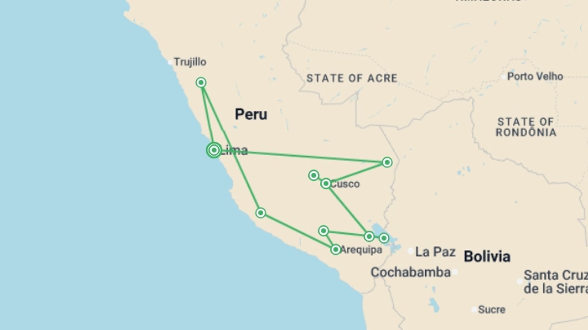 A map showing the tour itinerary for the trip: Peru Encompassed, starting in Lima, Peru and ending in Lima, Peru going through 9 other destinations.