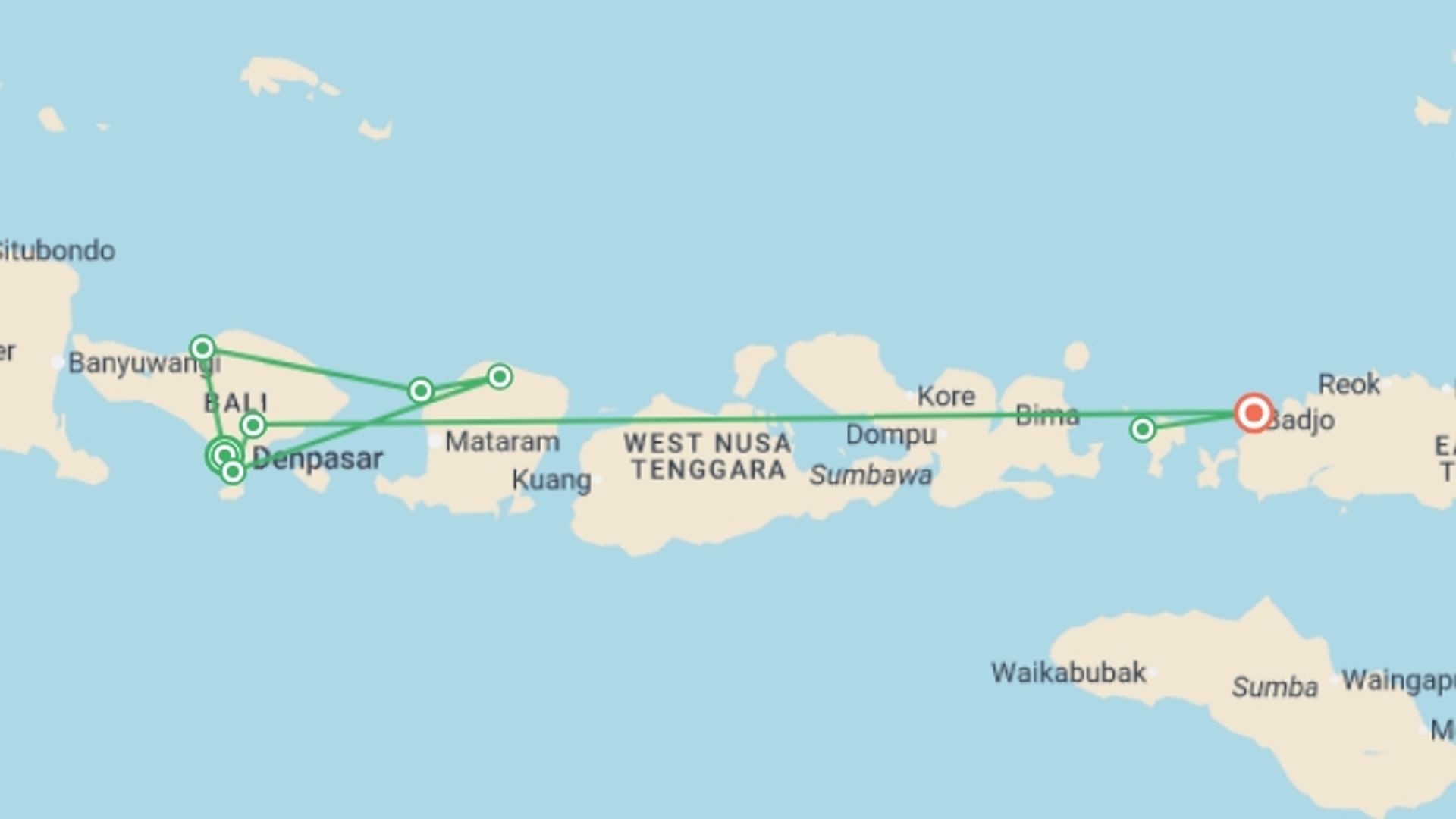 A map showing the tour itinerary for the trip: Bali, Lombok & Komodo  - 19 days, starting in Canggu, Indonesia and ending in Labuan Bajo, Indonesia going through 6 other destinations.
