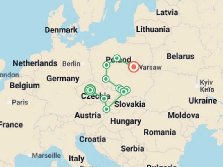 Map itinerary of Prague Tour in September 2025 with 6 destination visits for the trip: Prague, Moravia, and Heart of Poland, Ending in Warsaw
