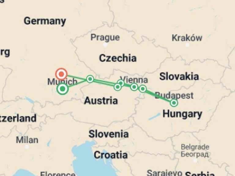 Map itinerary of Vienna Tour in June 2026 with 7 destination visits for the trip: Magical Danube Cruise