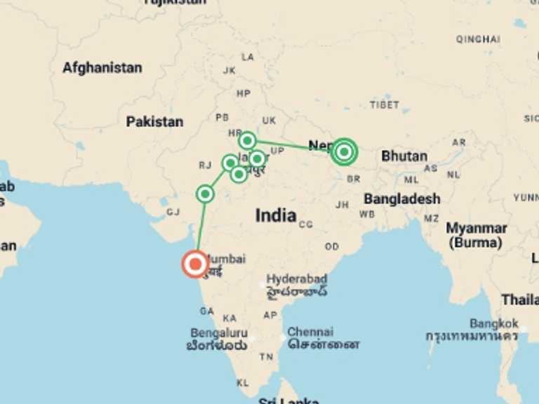 Map itinerary of Agra Tour in November 2025 with 7 destination visits for the trip: Majestic Nepal and India Luxury Tour