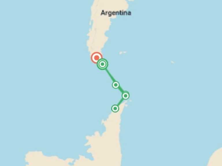Map itinerary of Punta Arenas Tour in January 2027 with 5 destination visits for the trip: Antarctica Express - Fly and Cruise -  Douglas Mawson