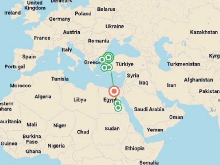 Map of 16-Day Luxor Tour with 6 destination visits for the trip: Turkey & Tutankhamun with Cruise - 16 days