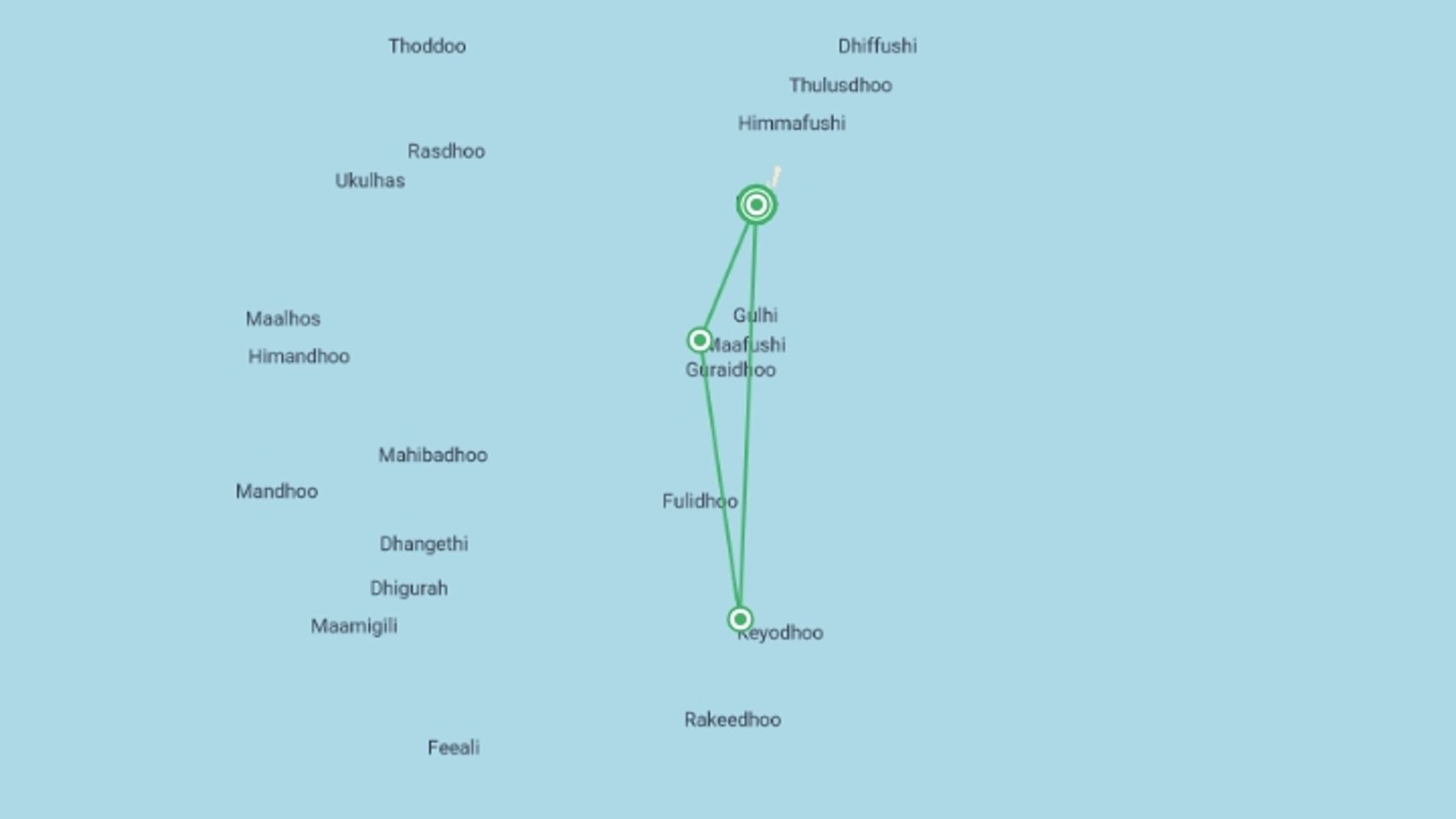 A map showing the tour itinerary for the trip: Maldives Dhoni Cruise, starting in Male, Maldives and ending in Male, Maldives going through 2 other destinations.