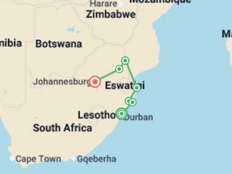 Map itinerary of Africa Tour in Spring with 8 destination visits for the trip: Southern Africa Safari: Kruger & Coast