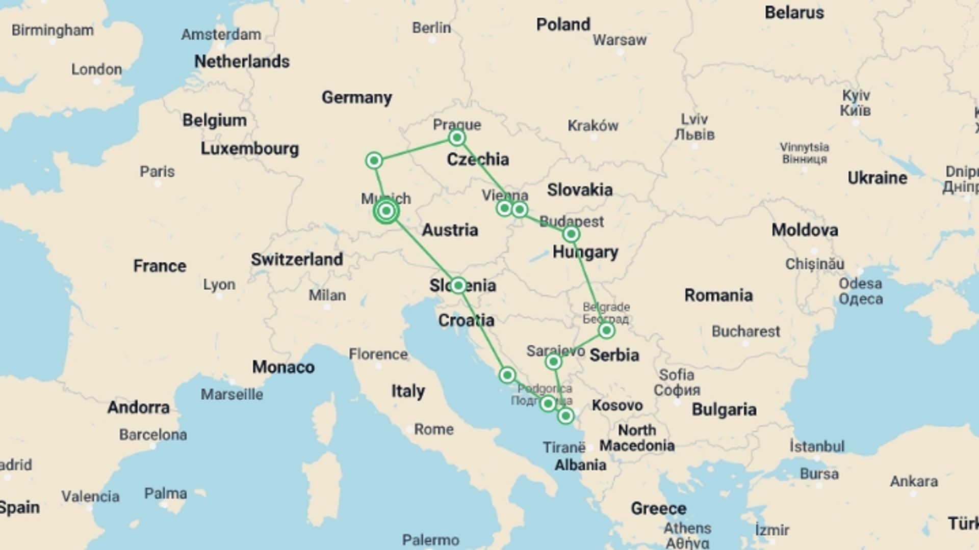 A map showing the tour itinerary for the trip: Croatian & Eastern Delights, starting in Munich, Germany and ending in Munich, Germany going through 9 other destinations.