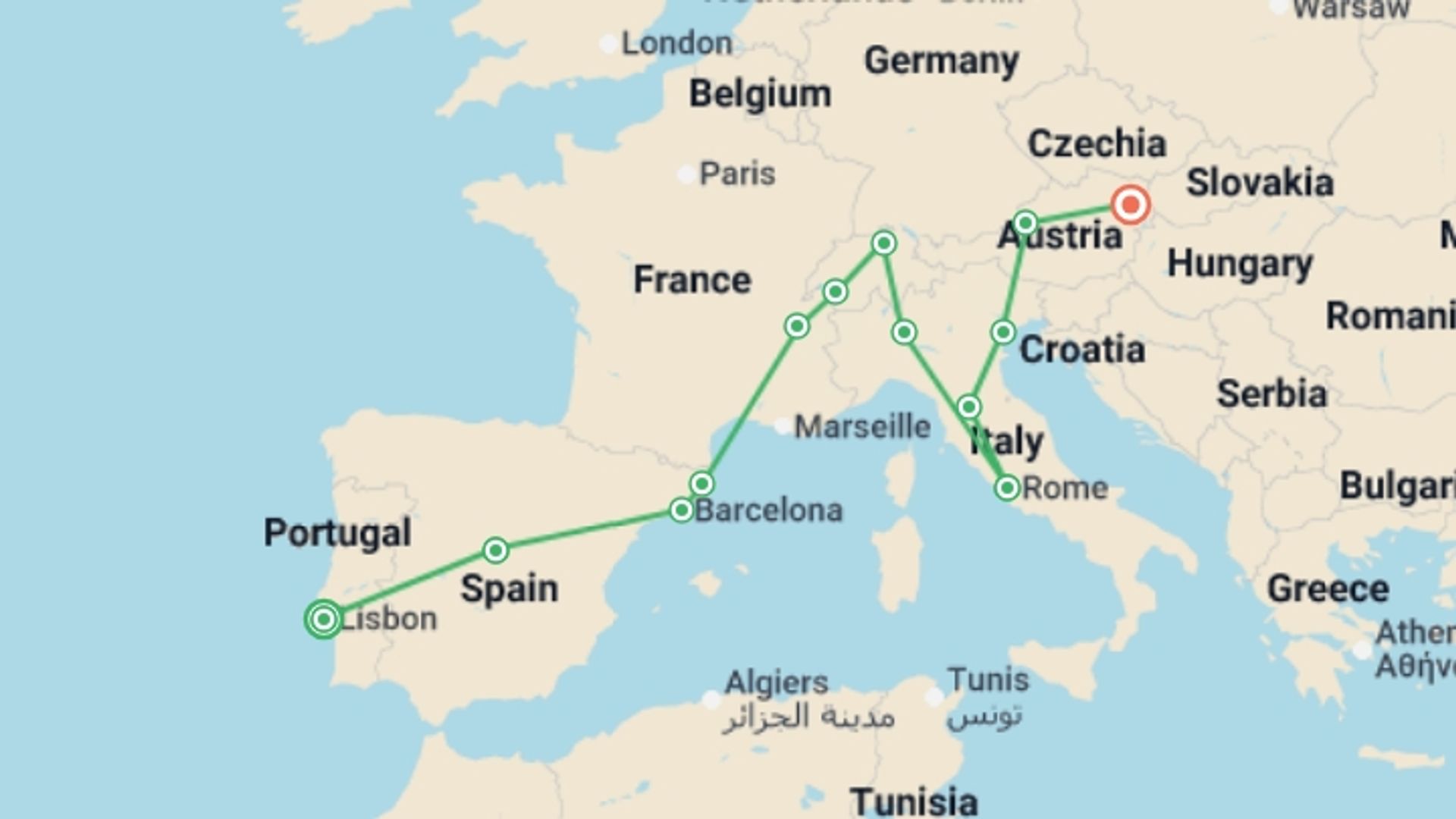 A map showing the tour itinerary for the trip: Discover Europe, starting in Lisbon, Portugal and ending in Vienna, Austria going through 11 other destinations.
