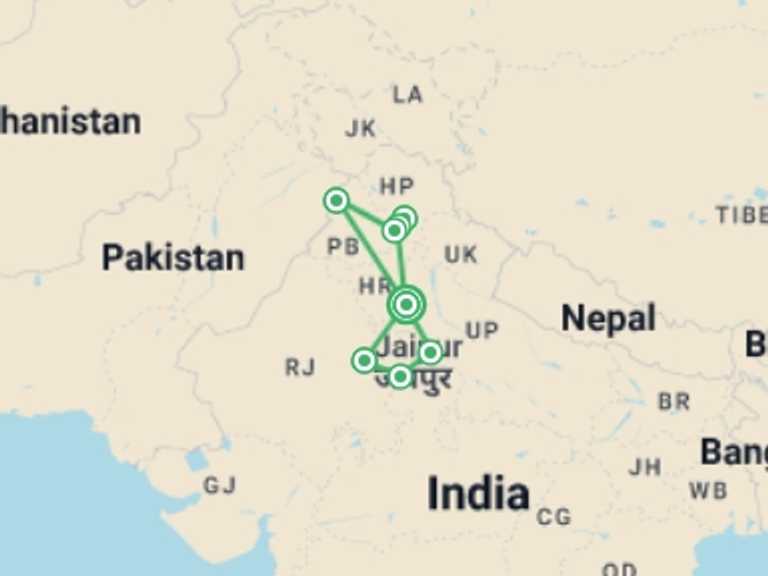 Map of Asia Tour with 6 destination visits for the trip: Golden Triangle & Amritsar - 13 days
