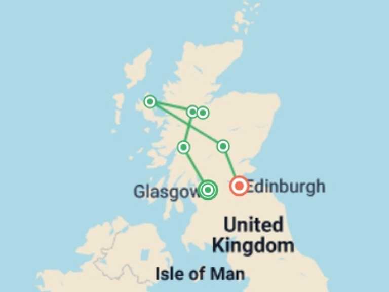 Map of Glasgow Tour with 4 destination visits for the trip: Majestic Scotland