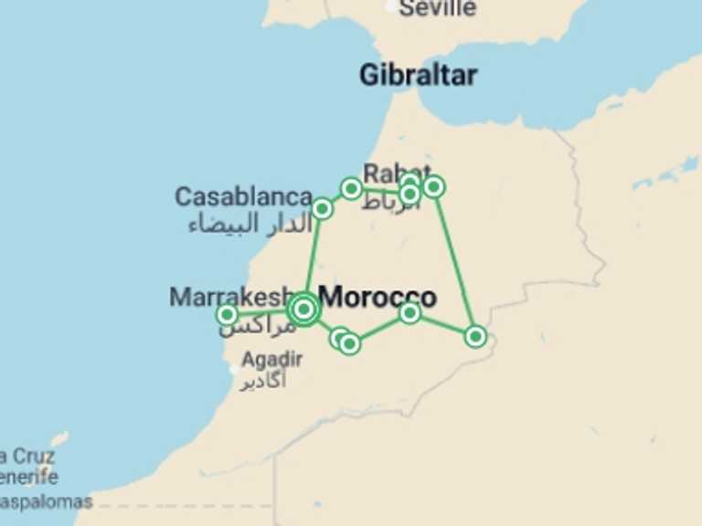 Map itinerary of Mediterranean Tour in March 2027 with 7 destination visits for the trip: Best of Morocco - 13 days