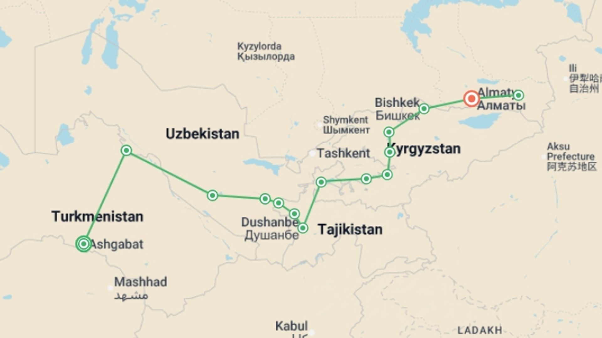 A map showing the tour itinerary for the trip: Ancient Silk Road Cities - The Five Stans, starting in Ashgabat, Turkmenistan and ending in Almaty, Kazakhstan going through 13 other destinations.
