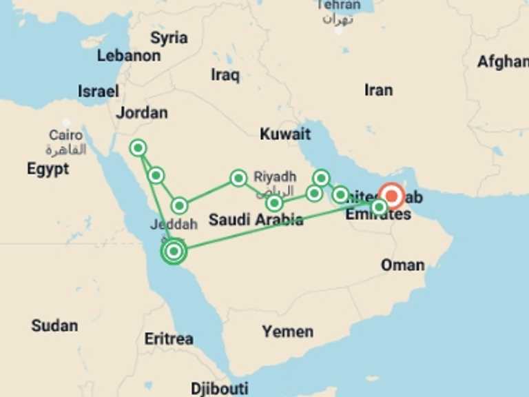 Map of a Desert safaris Tour with 11 destination visits for the trip: A Journey Through the Persian Gulf and Arabian Mysteries