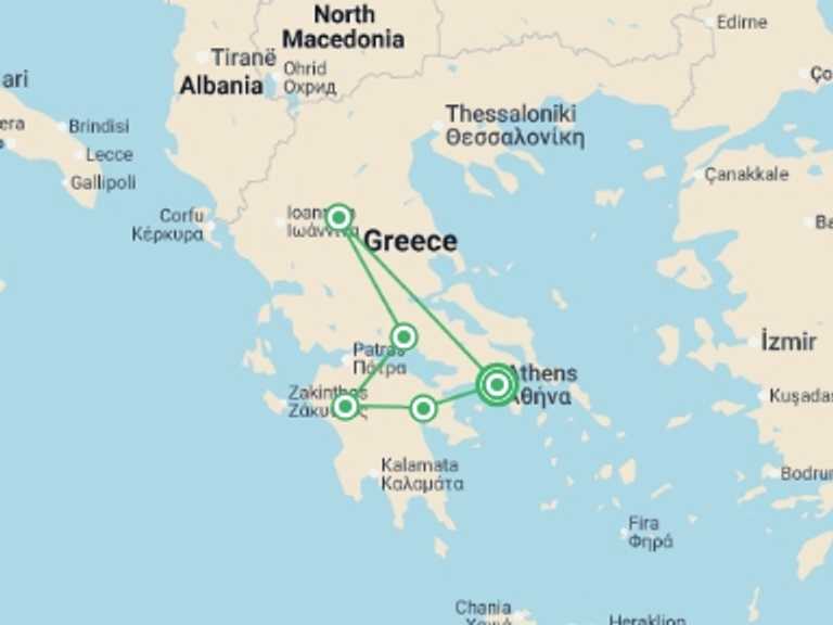 Map itinerary of Europe Tour in Winter with 5 destination visits for the trip: Classical Greece