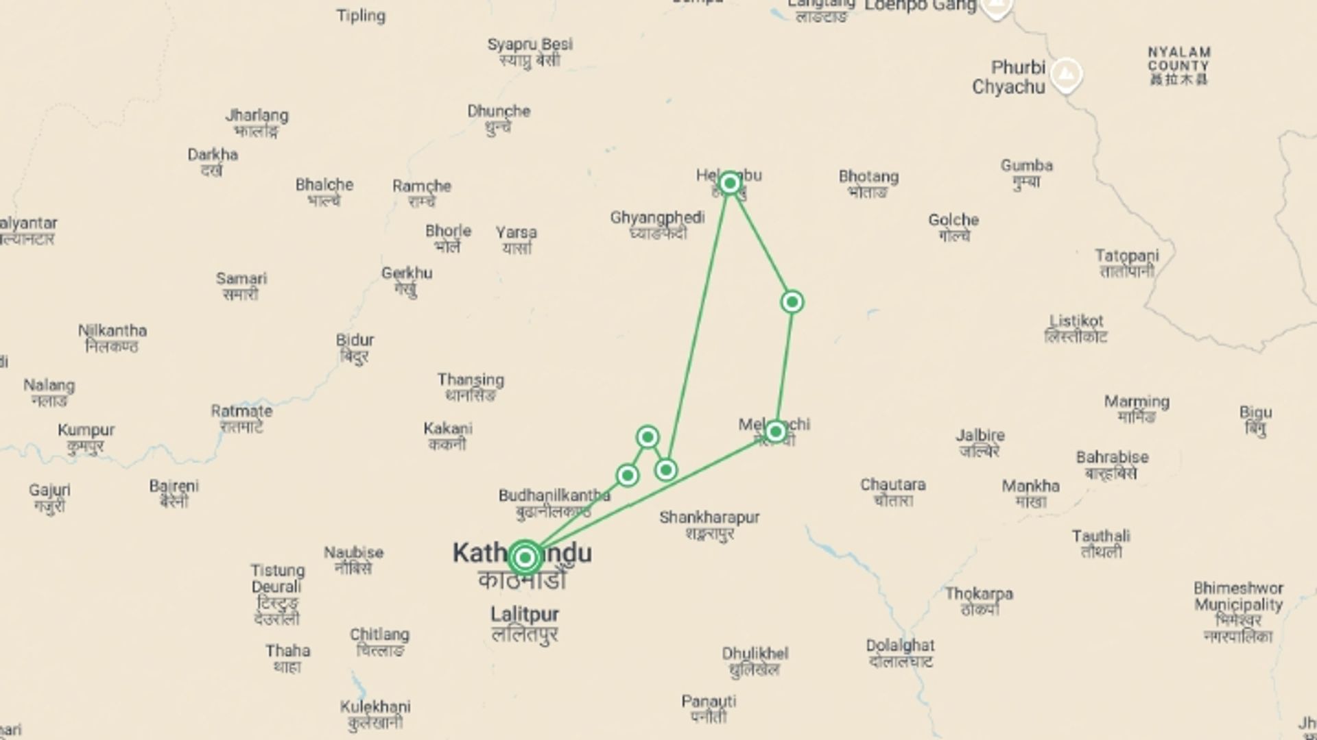 A map showing the tour itinerary for the trip: Helambu Trek, starting in Kathmandu, Nepal and ending in Kathmandu, Nepal going through 4 other destinations.