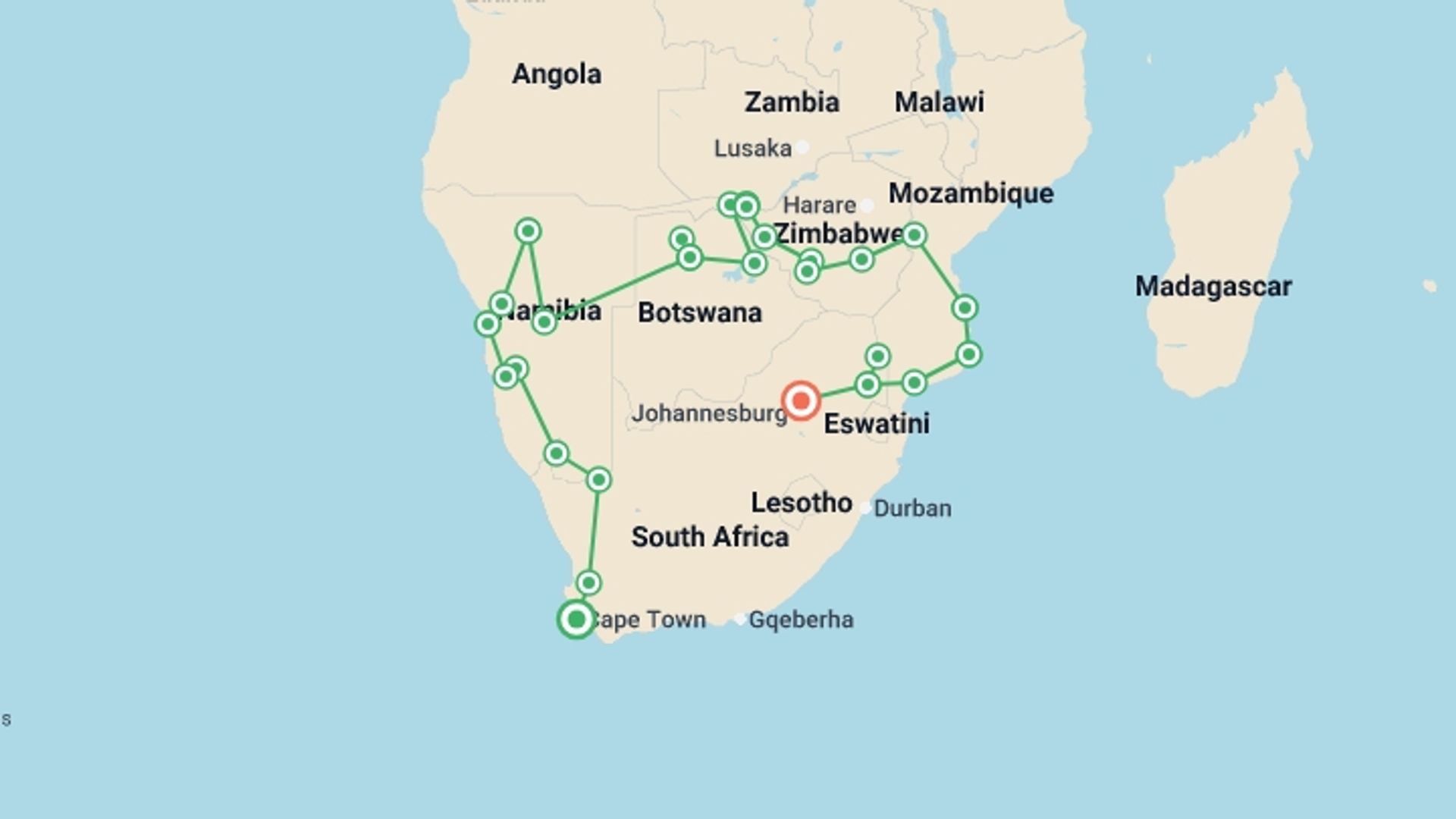 A map showing the tour itinerary for the trip: 33-day Cape Town to Victoria Falls  Mozambique Camping, starting in Cape Town, South Africa and ending in Pretoria, South Africa going through 25 other destinations.