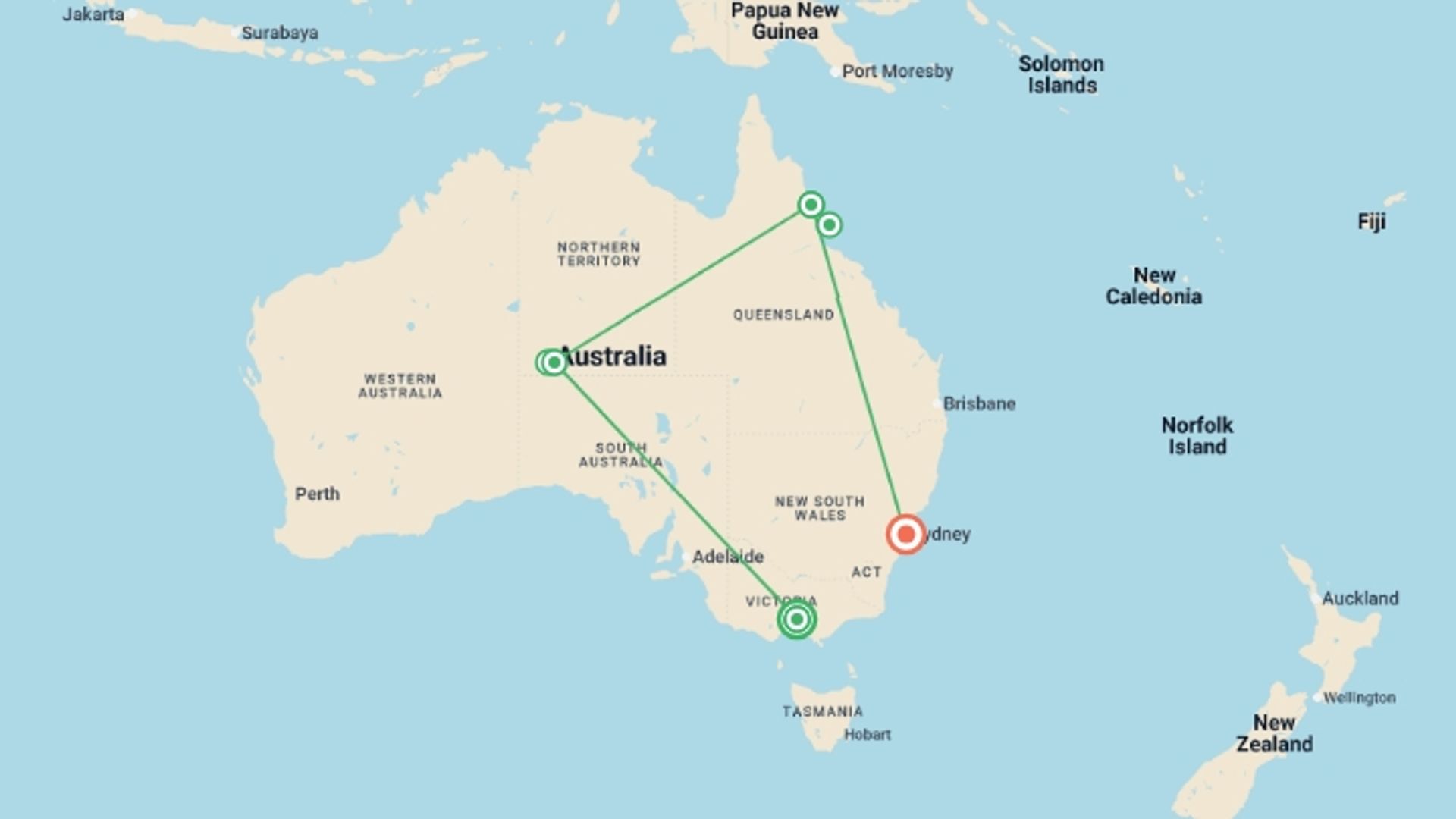 A map showing the tour itinerary for the trip: Australian Highlights, starting in Melbourne, Australia and ending in Sydney, Australia going through 3 other destinations.