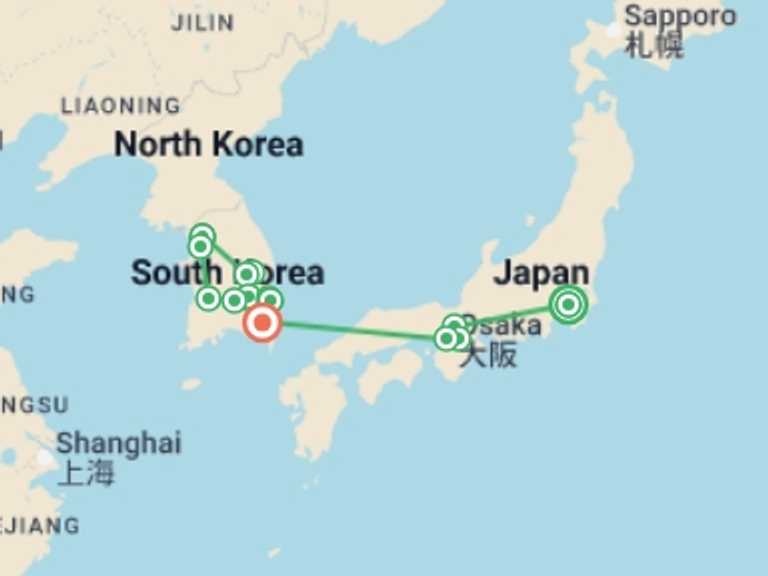 Map of Asia Tour with 7 destination visits for the trip: Exploring Japan and Korea
