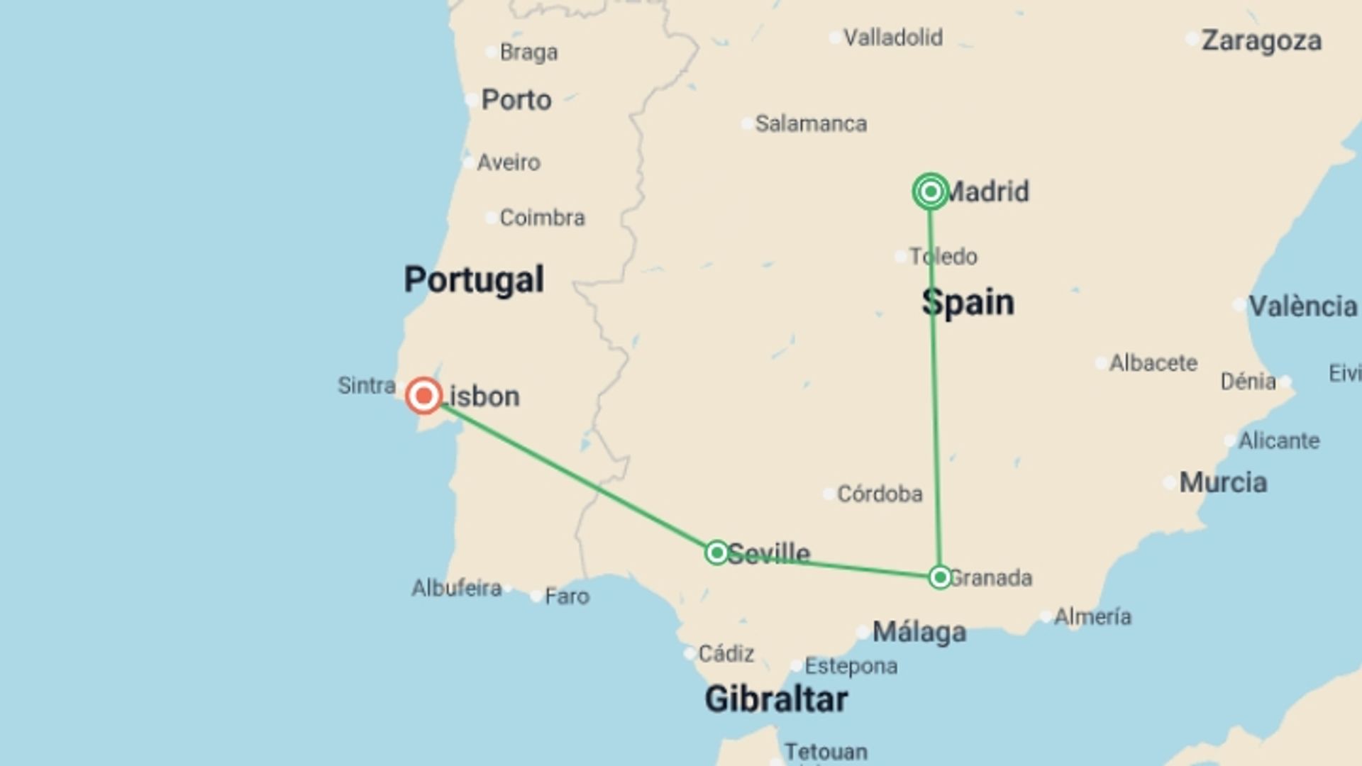 A map showing the tour itinerary for the trip: Spanish Delights to Portuguese Charms - 8 days, starting in Madrid, Spain and ending in Lisbon, Portugal going through 2 other destinations.