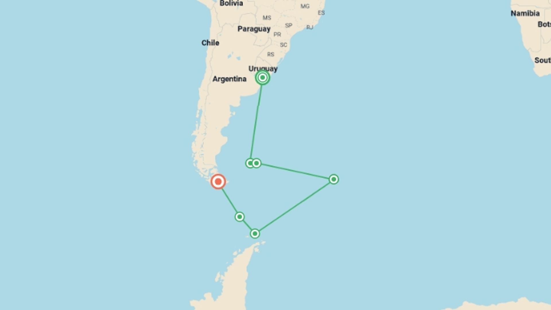 A map showing the tour itinerary for the trip: Falklands, South Georgia & Antarctica, starting in Montevideo, Uruguay and ending in Ushuaia, Argentina going through 5 other destinations.