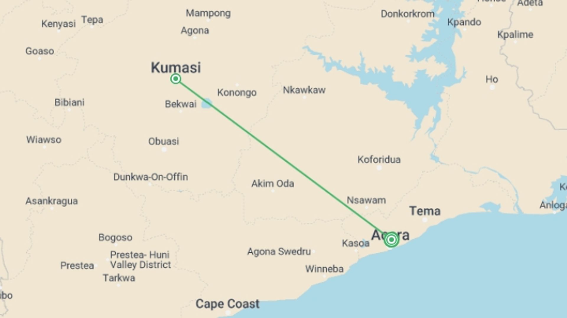 A map showing the tour itinerary for the trip: Experience Ashanti Kingdom Culture in 5 Days, starting in Accra, Ghana and ending in Accra, Ghana going through 1 other destinations.