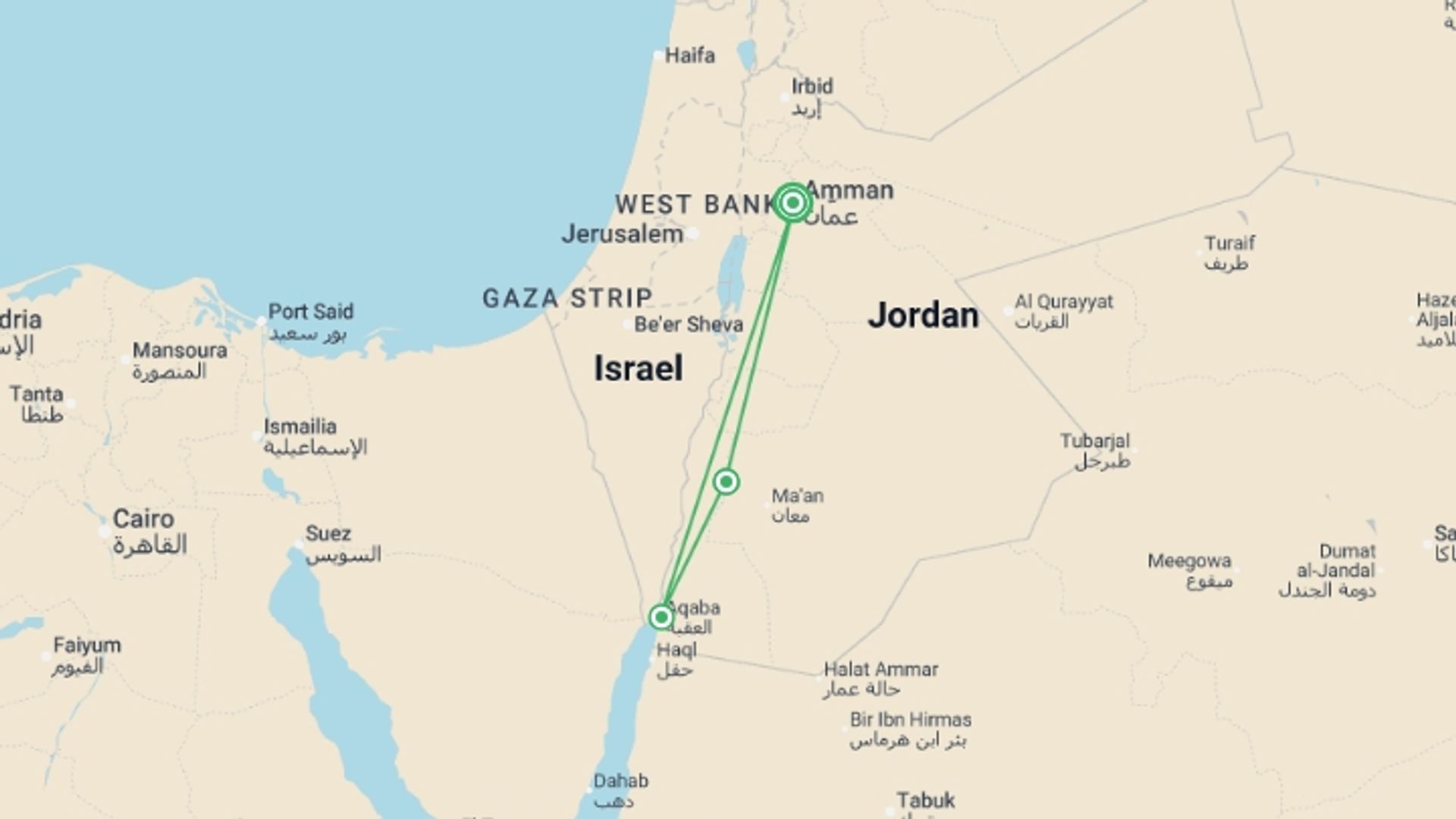 A map showing the tour itinerary for the trip: Jordan Experience, starting in Amman, Jordan and ending in Amman, Jordan going through 2 other destinations.