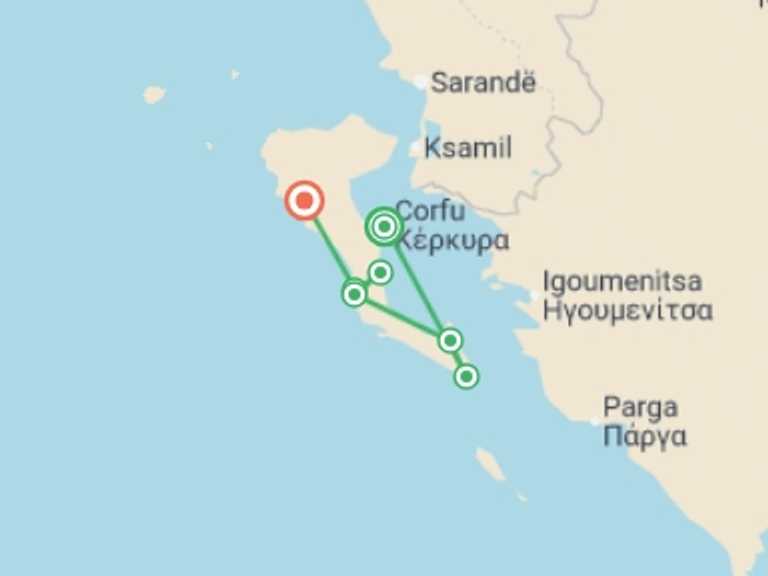 Map of a Food Tour with 7 destination visits for the trip: Walking the Corfu Trail (South)