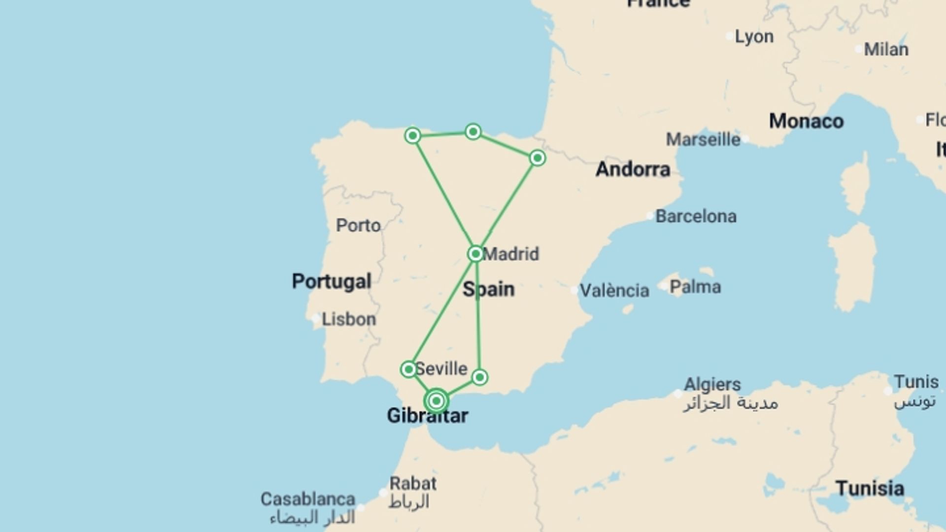 A map showing the tour itinerary for the trip: Spain South to North - 9 days, starting in Costa del Sol, Spain and ending in Costa del Sol, Spain going through 6 other destinations.
