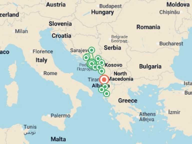 Map itinerary of Europe Tour in April 2027 with 13 destination visits for the trip: Classic Balkans: Bosnia & Herzegovina to Albania