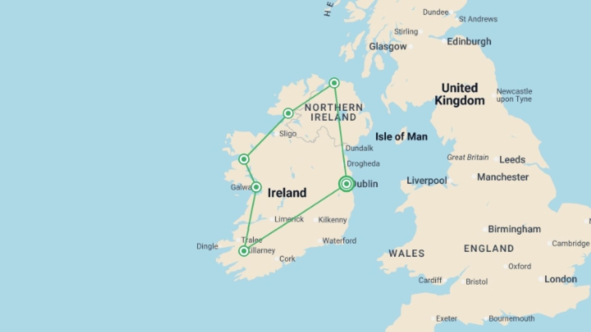 A map showing the tour itinerary for the trip: Ireland Coast to Coast (Hotel) - 9 days, starting in Dublin, Ireland and ending in Dublin, Ireland going through 6 other destinations.