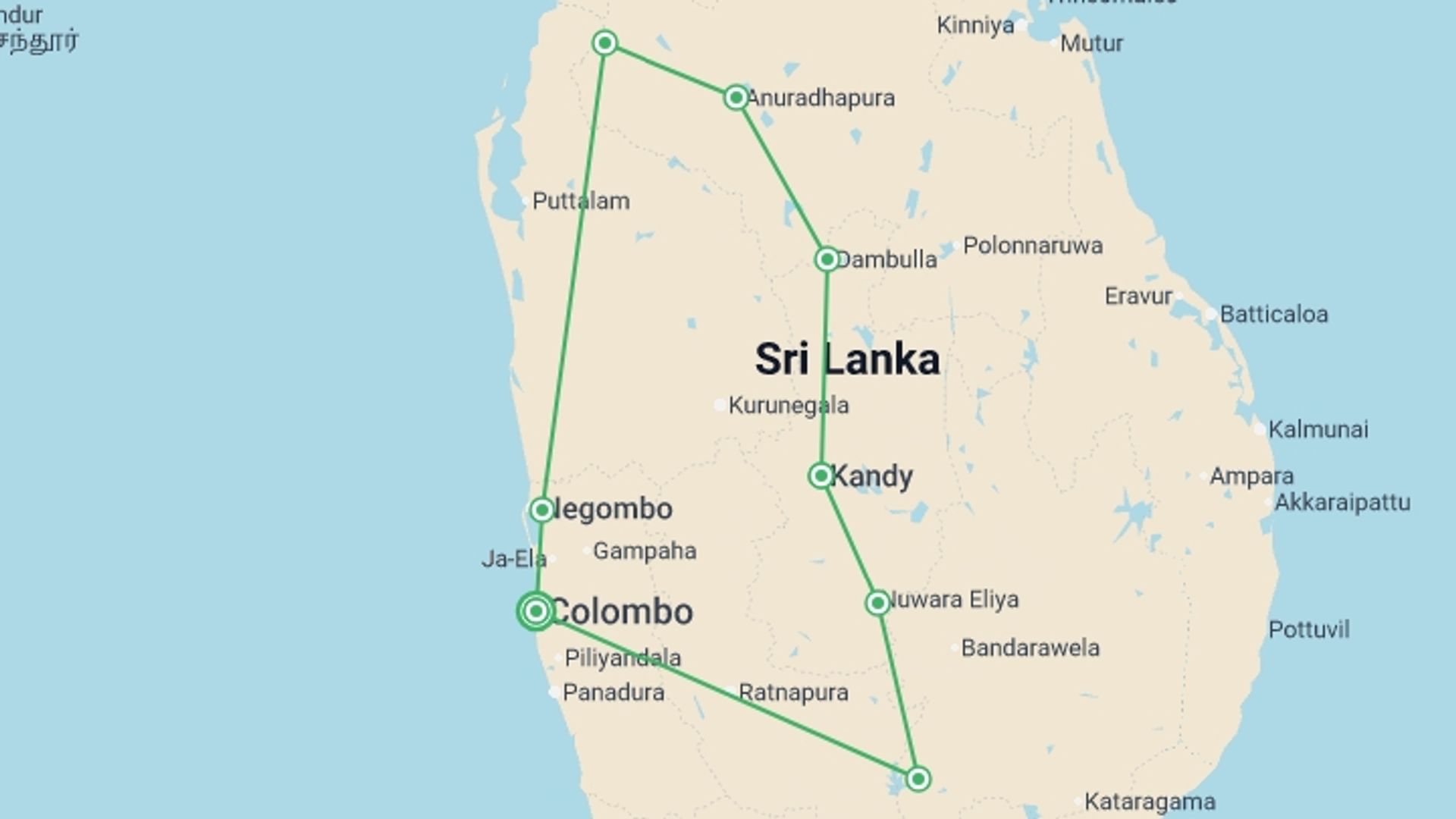 A map showing the tour itinerary for the trip: Wild About Wilpattu - 10 days, starting in Colombo, Sri Lanka and ending in Colombo, Sri Lanka going through 7 other destinations.