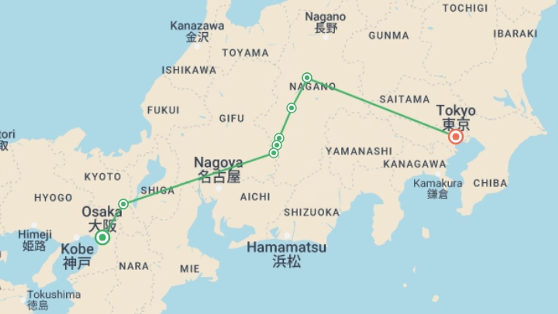 A map showing the tour itinerary for the trip: Walk the Nakasendo Trail, starting in Osaka, Japan and ending in Tokyo, Japan going through 6 other destinations.