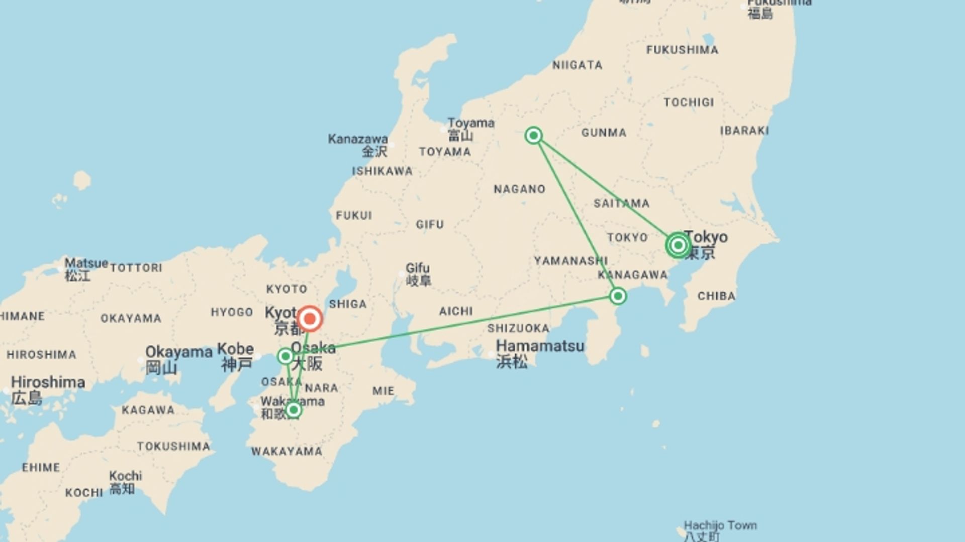 A map showing the tour itinerary for the trip: Japan Adventure 13 Day, starting in Tokyo, Japan and ending in Kyoto, Japan going through 4 other destinations.
