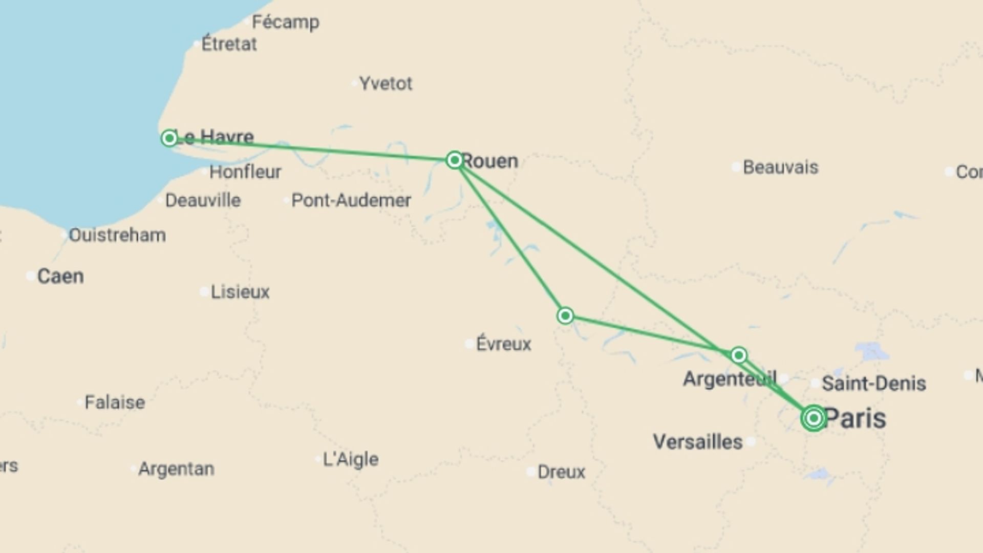 A map showing the tour itinerary for the trip: Picturesque Solo Seine Cruise, starting in Paris, France and ending in Paris going through 1 other destinations.