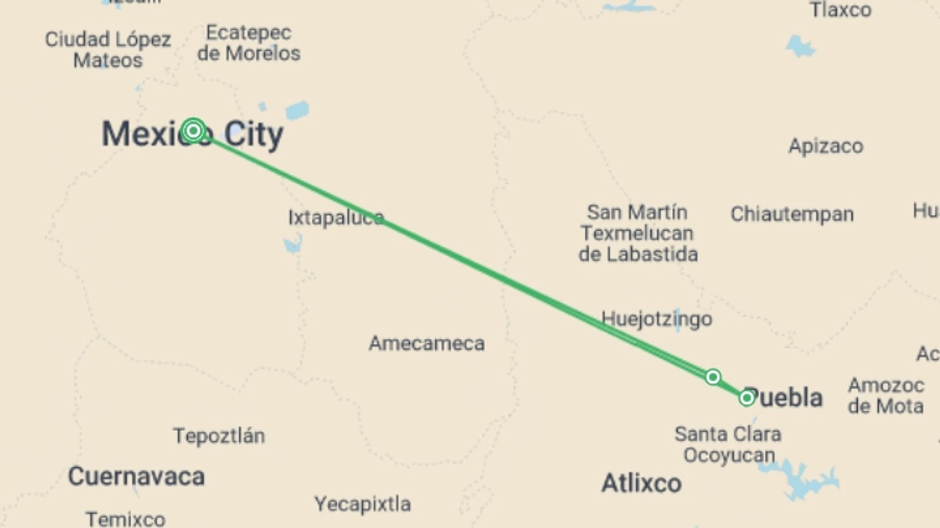 A map showing the tour itinerary for the trip: Mexico City, starting in Mexico City, Mexico and ending in Mexico City, Mexico going through 0 other destinations.
