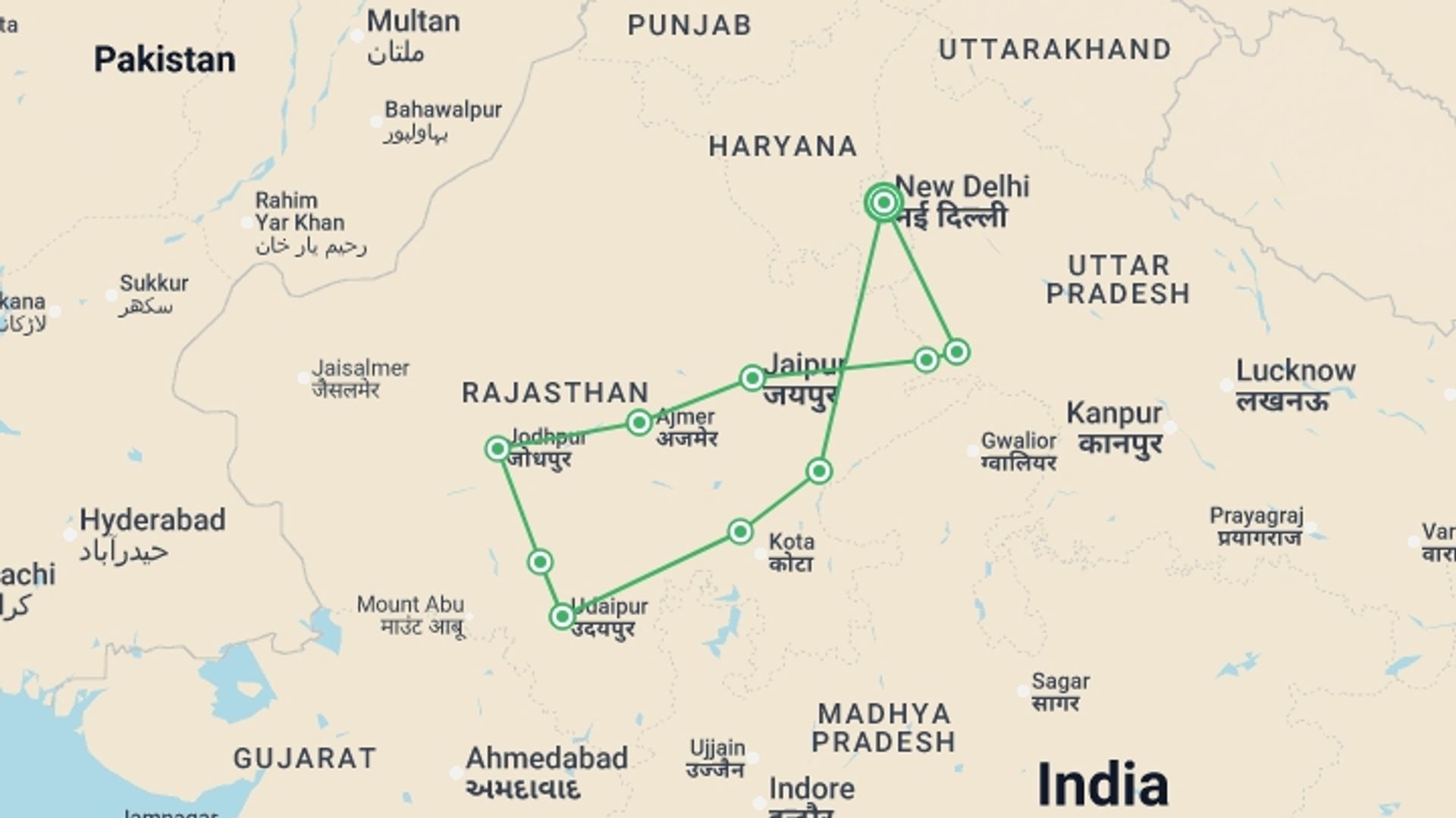 A map showing the tour itinerary for the trip: Colours of Rajasthan, starting in New Delhi, India and ending in New Delhi, India going through 7 other destinations.