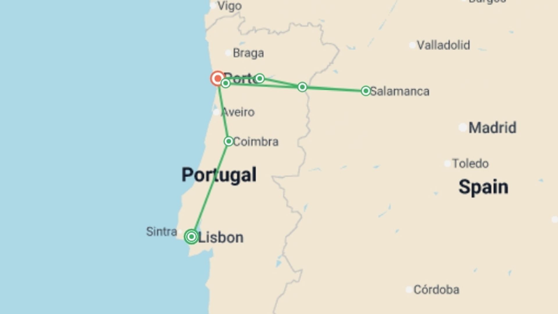 A map showing the tour itinerary for the trip: Lisbon, Porto and the Douro valley (Portugal) and Salamanca (Spain) (port-to-port cruise), starting in Lisbon, Portugal and ending in Porto, Portugal going through 4 other destinations.