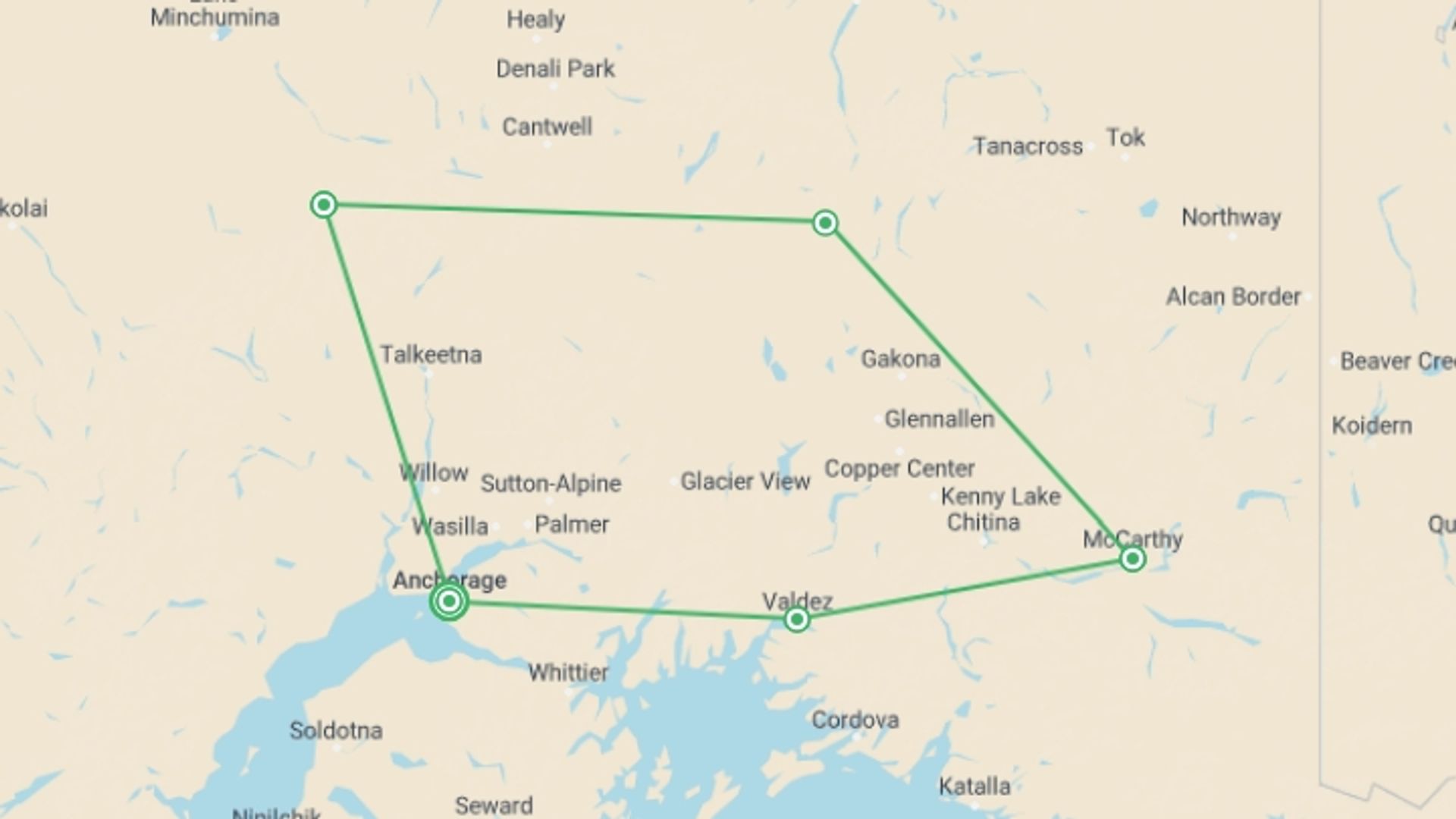 A map showing the tour itinerary for the trip: Great Alaska Adventure, starting in Anchorage, USA and ending in Anchorage, USA going through 4 other destinations.