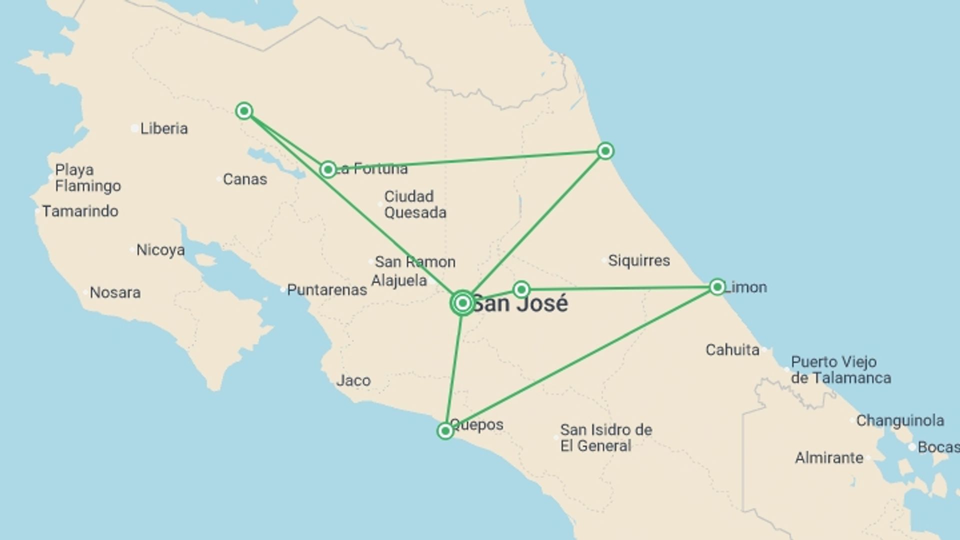 A map showing the tour itinerary for the trip: Costa Rica North and South: National Parks, Wildlife & Hot Springs, starting in San Jose, Costa Rica and ending in San Jose, Costa Rica going through 6 other destinations.